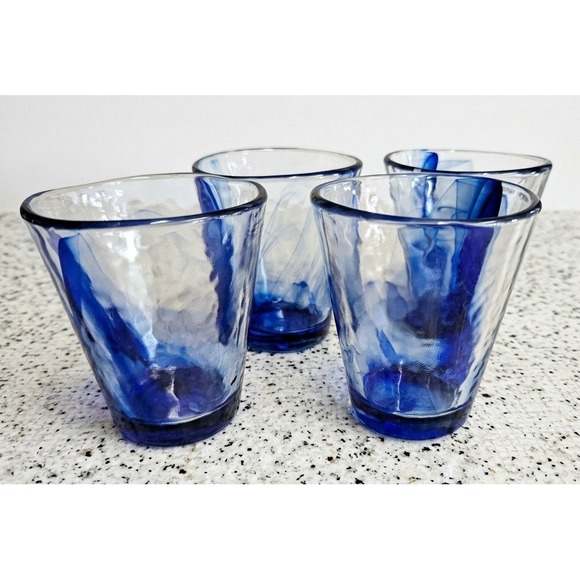 Bormioli Rocco 12 oz Italy Murano Cobalt Blue Swirl Textured Glasses Set of 4 - Picture 3 of 8